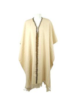 Boho Wool Cape Poncho Wrap OS Vintage Cream Fringe Southwestern Open Front Indie